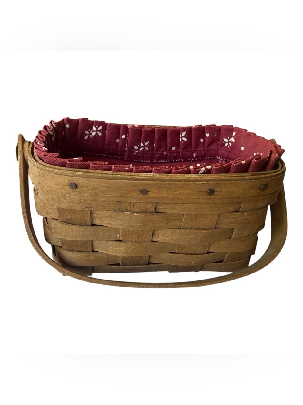 Longaberger Small Rectangular Basket Burgundy Liner Swing Handle Vintage 7.5”